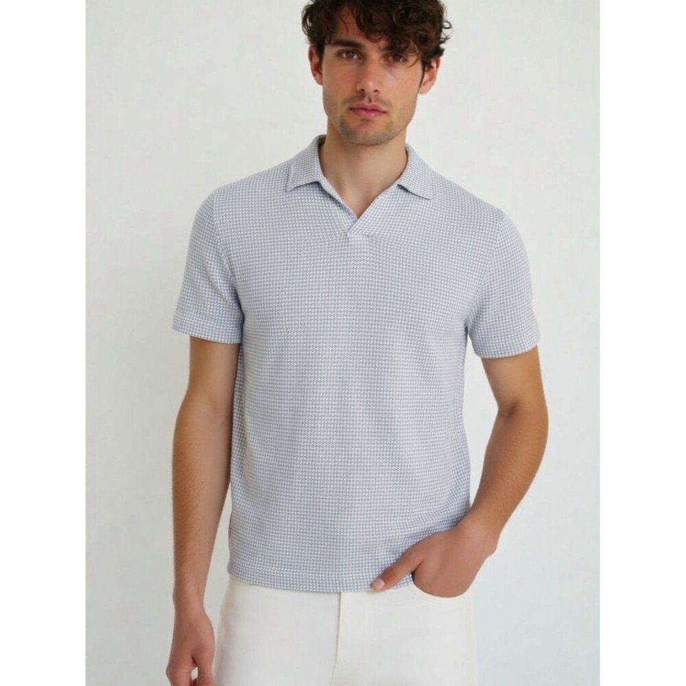 BLOOMINGDALES Polo Shirt Mens XXL Blue White Houndstooth Soft Knit Pullover